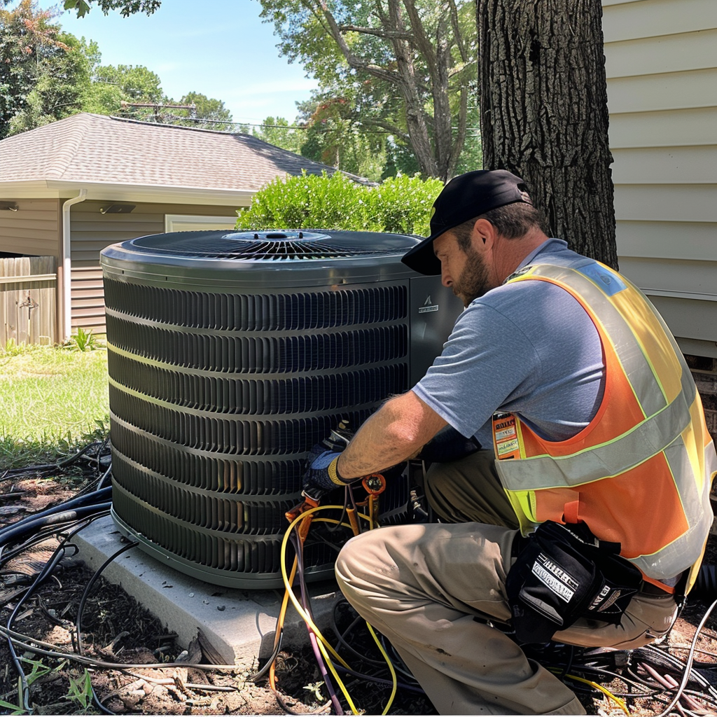 A repair man working outdoors on an air conditioning unit.